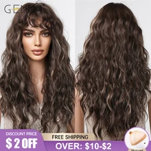 GEMMA Dark Brown Long Curly Synthetic Wig Deep Wave Cosplay Hair Wigs with Wavy Bangs for Women Daily Party Heat Resistant Fibre