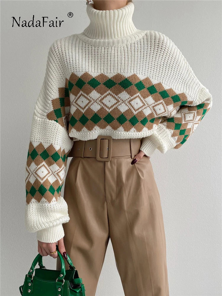 

Nadafair Women Pattern Turtleneck Oversized Sweater Knitted 2022Winter Plaid Rhombus Patchwork Pullover Y2K Casual Pull Knitwear
