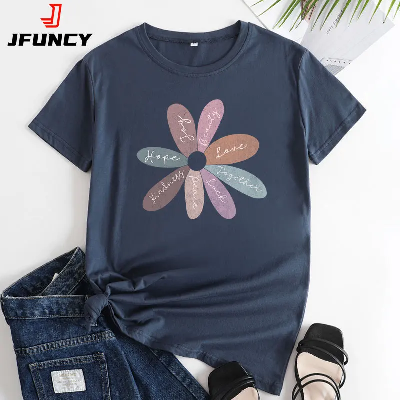 JFUNCY Women's Summer T-shirt 2022 Fashion Print Short Sleeve T Shirt Casual Loose Tee Shirts Woman Cotton Tops Female Clothing