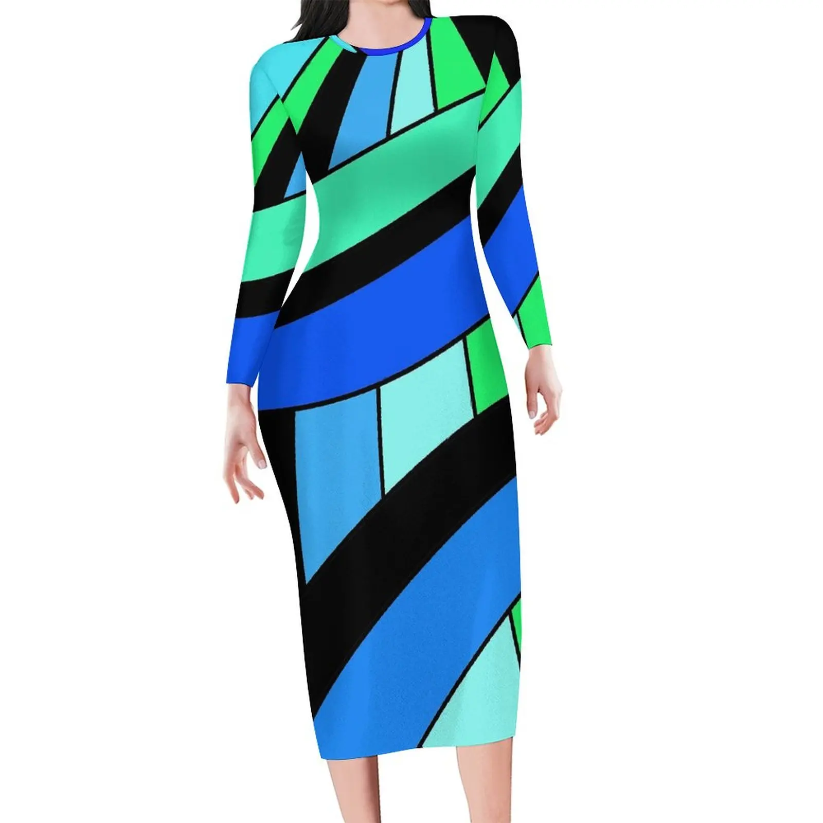 

Женское платье с длинным рукавом, сине-зеленое облегающее платье большого размера с разноцветным принтом, на весну