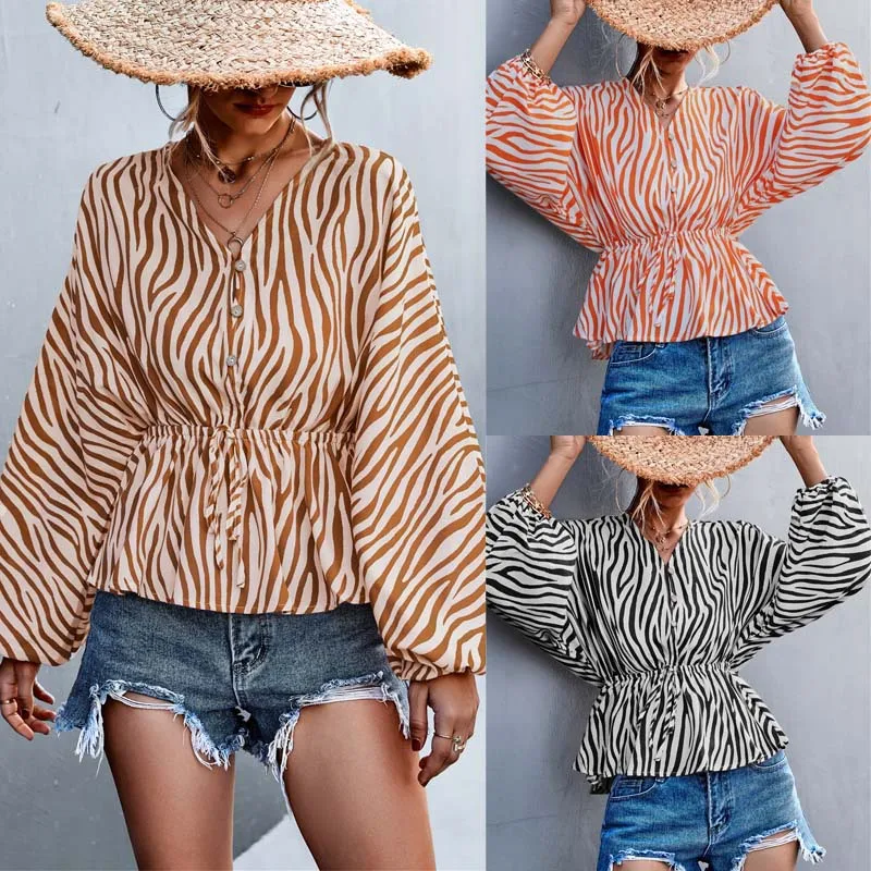 

2022 Spring and Summer New Products Women's Fashion Temperament Single-breasted V-neck Zebra Print Top Lace-up T-shirt Women