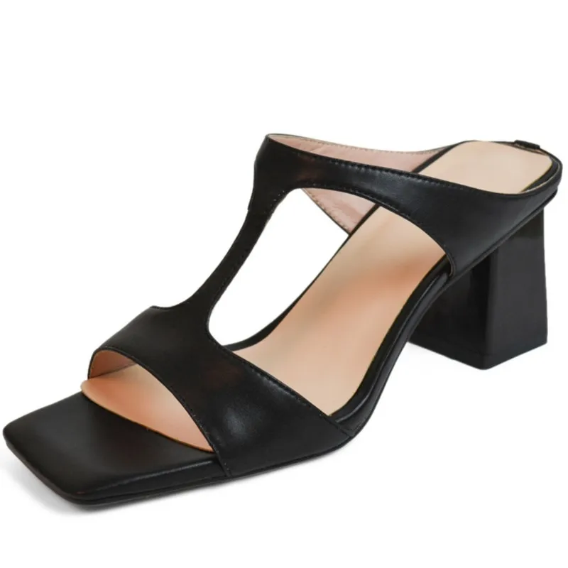 

Women Sandals Quality Genuine Leather Pumps Sexy Fashion Office Lady Party Thick High Heels Slippers Summer Shoes Woman