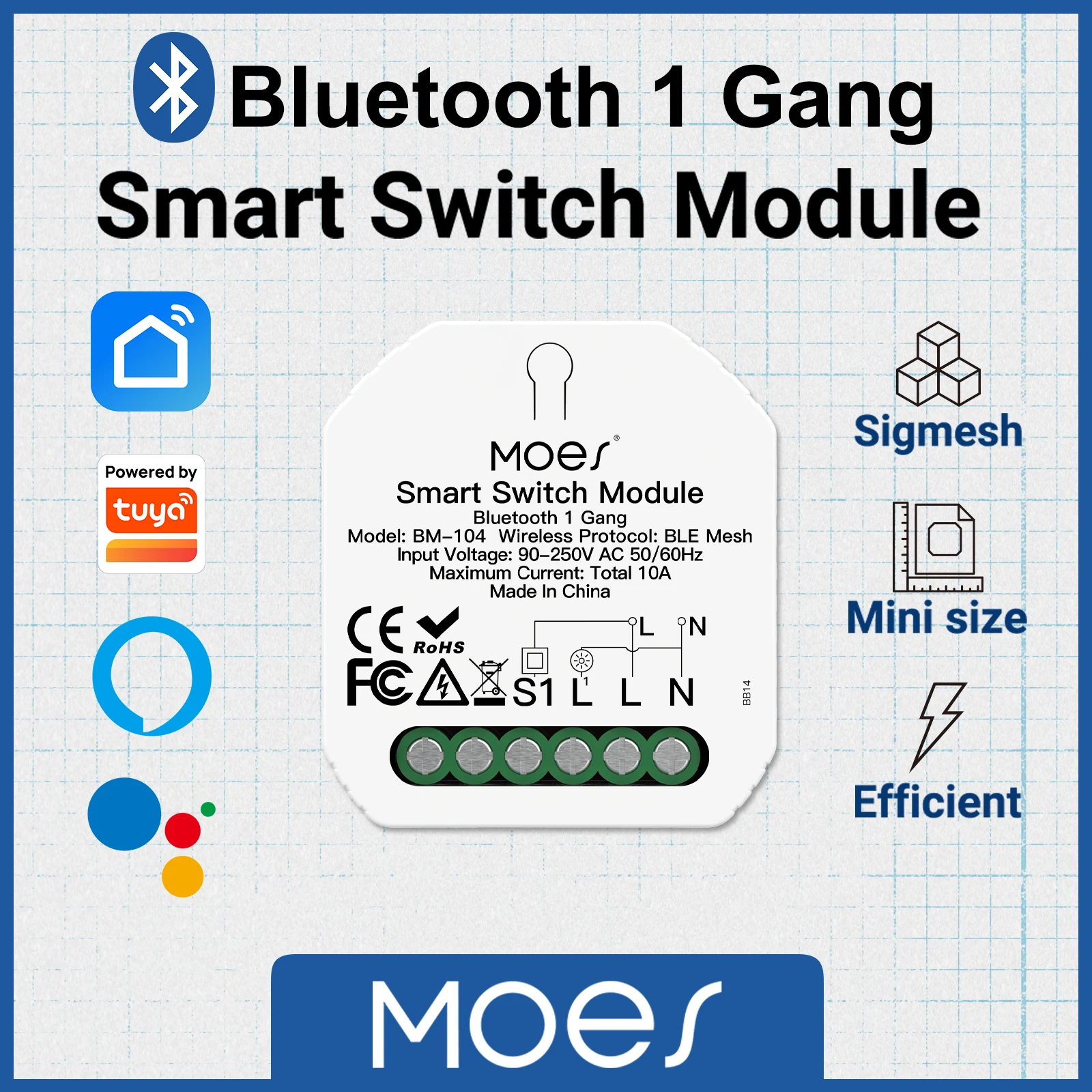 

MOES Tuya Smart Bluetooth 1Gang/2 Gang Switch Module DIY Light Breaker Smart Life APP control,Work with Alexa Google Home,1/2Way