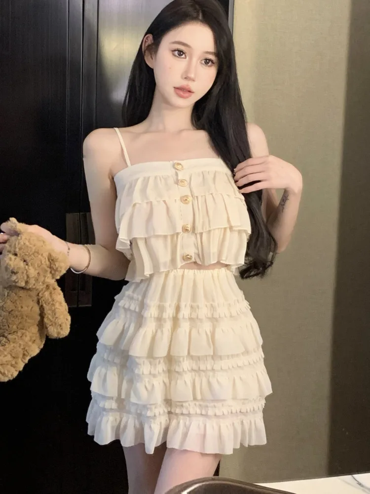 

Summer Sweet Girl Sexy Ruffles Strap Halter Top + High Waisted Cake Half-body Skirt Two Piece Set Women's Beach Vacation Outfits