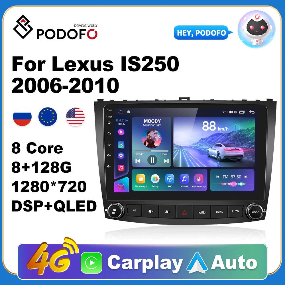 Podofo Android 10 Car Radio 2 din Player For Lexus IS250 2006-2010 Car Serero Apple Carplay DSP GPS Navigation AI Voice