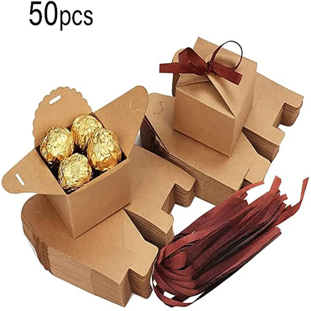 

50pcs Kraft Paper Box with Ribbon Retro Style Matte No-wax Appearance Diy Wave Pattern Wedding Candy Box 6.5x6.5x4.5cm Supplies