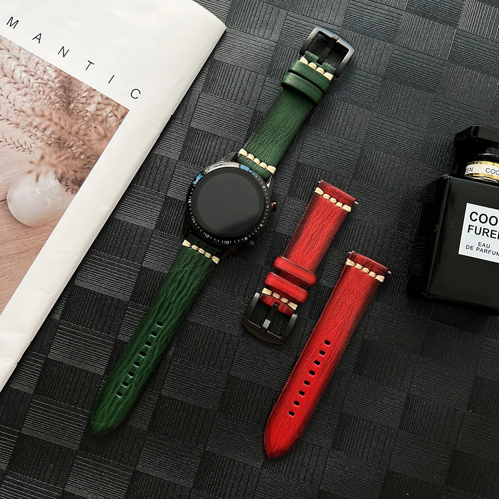 20mm 22mm For Samsung Galaxy Watch Gear S3 46mm Handmade Vintage Leather Strap for Huawei Watch GT 2 Galaxy Watch Active2 Strap