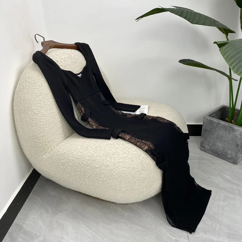 

2021 Original Autumn Women Fashion Knitting Side Fake Flesh-colored Office Lady Sheath Lace Split Mid-Calf Dress Square Collar