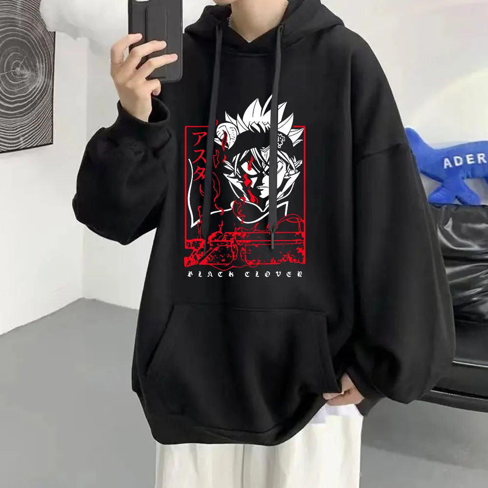 

Пуловер мужской оверсайз с капюшоном, Классический Простой свитшот в японском стиле аниме «Аста», с рисунком черного клевера, уличная одежд...