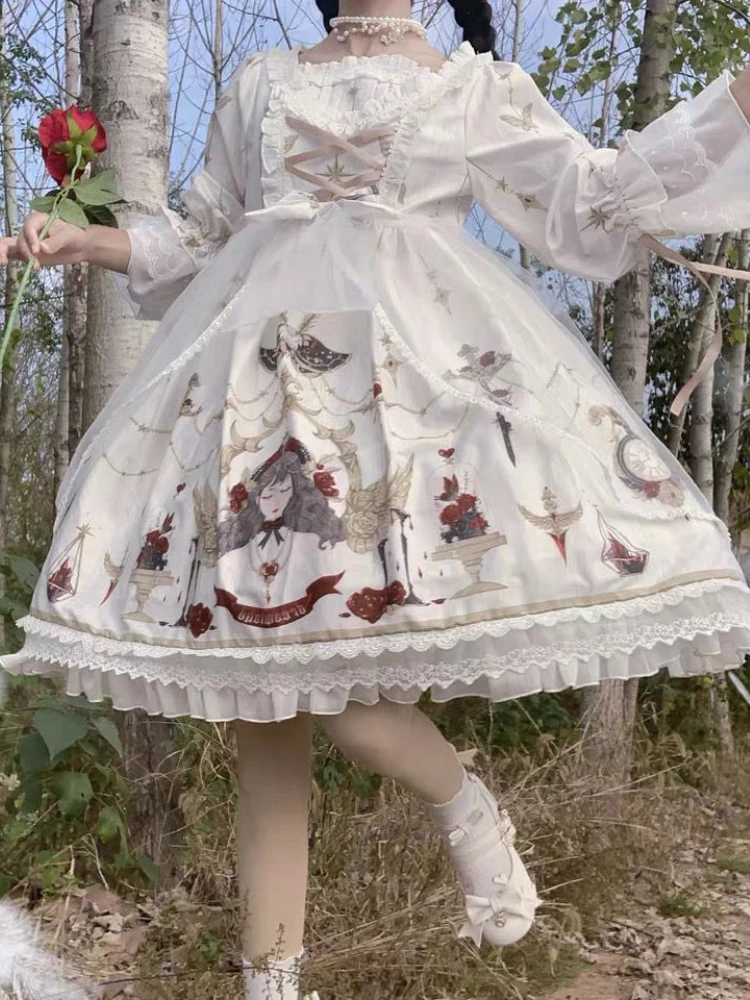 

Japanese Lolita Style Sweet Girl Princess Dress Cartoon Pattern Mesh Splicing Bow Bandage Dress Cute Woman Lolita Swing Dress