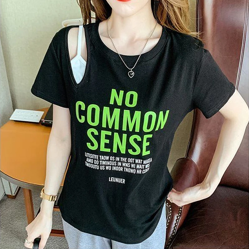 

Футболка женская с надписью, хлопковая рубашка в стиле Харадзюку, двухслойная, повседневный Свободный Топ в Корейском стиле с вырезами и ко...