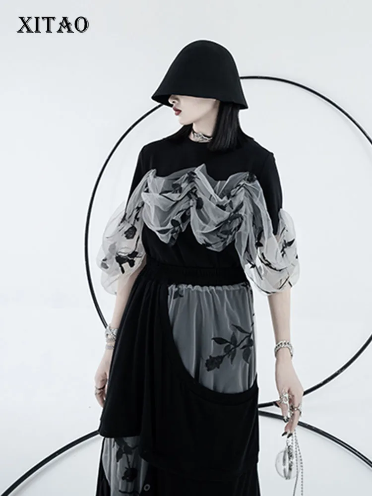 

XITAO Perspective T Shirt Fashion New Patchwork Mesh Pullover Goddess Fan Casual Style 2022 Summer Minority Loose Tee WMD6598