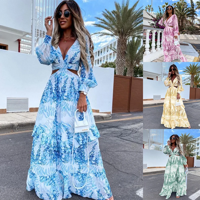 

2023 Summer Sexy V-Neck Backless Hollow Out Lantern Sleeve Maxi Dress Female Club Party Long Dresses Women Beach Holiday Robe