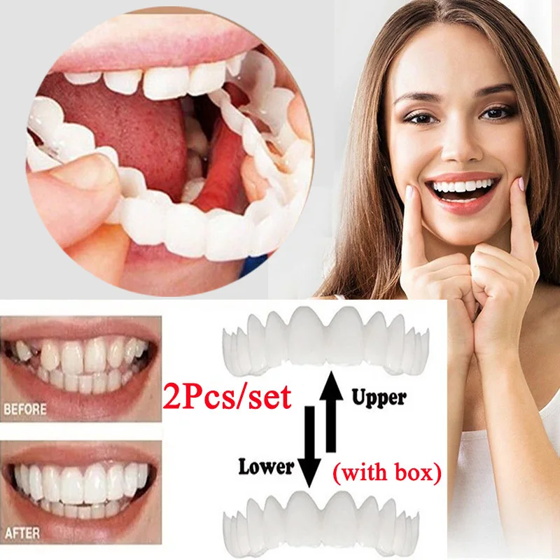 2Pcs/Set Silicone Teeth Whitening Teeth Cover Teeth Braces Simulation Denture Upper Teeth Lower Teeth Set with Box Perfect Smile