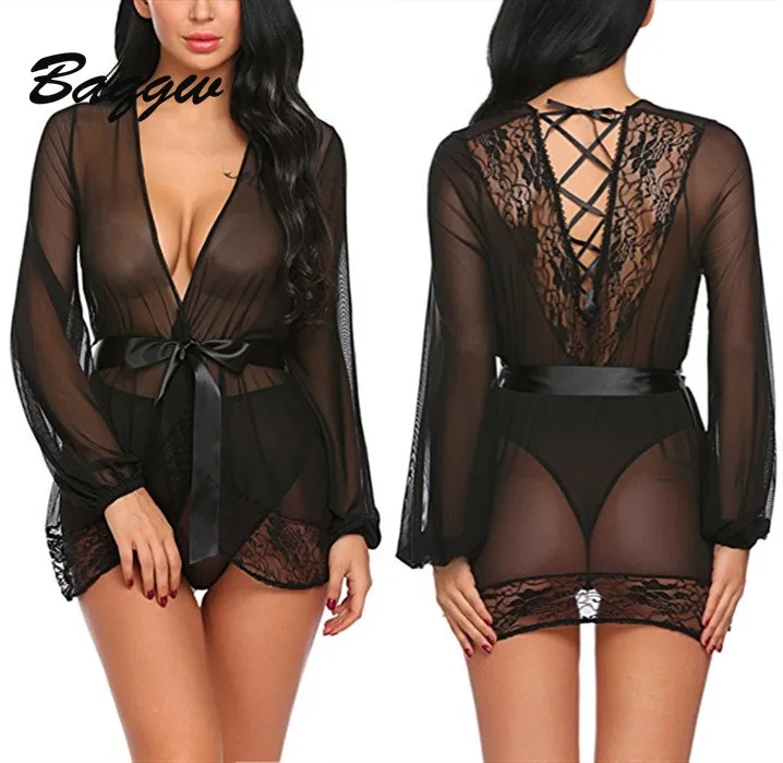 

Sexy Mesh Transparent Women V Neck Bridesmaid Robe Sexy Lace Patchwork Long Sleeve Hollwo Out Nightgown Bath Lingerie with Belt