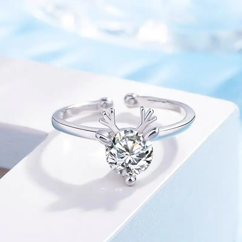 

New Diamond-Encrusted Women's Ring Stylish Simple White Gold Antler Ring Opening Size Adjustable Ring Romantic Love Gift