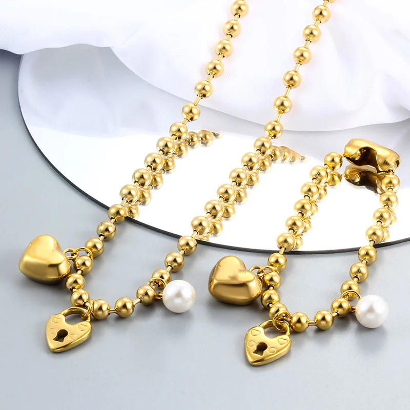 

Hot Sale Fashion Silver Stainless Steel Color Gift Round White Ball Women Men Lock Key UN 50 8mm Bead Pendants Neckalce Party