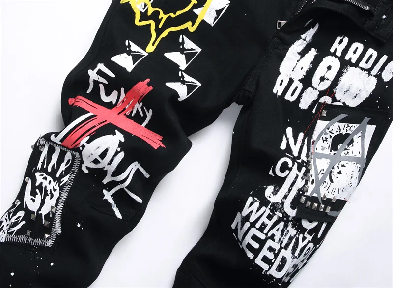 Men's Colorful Graffiti Printed Jeans Y2K Colorful Slim Fit Tapered Elastic Casual Pants Fashion Street Clothing Small Foot Pant