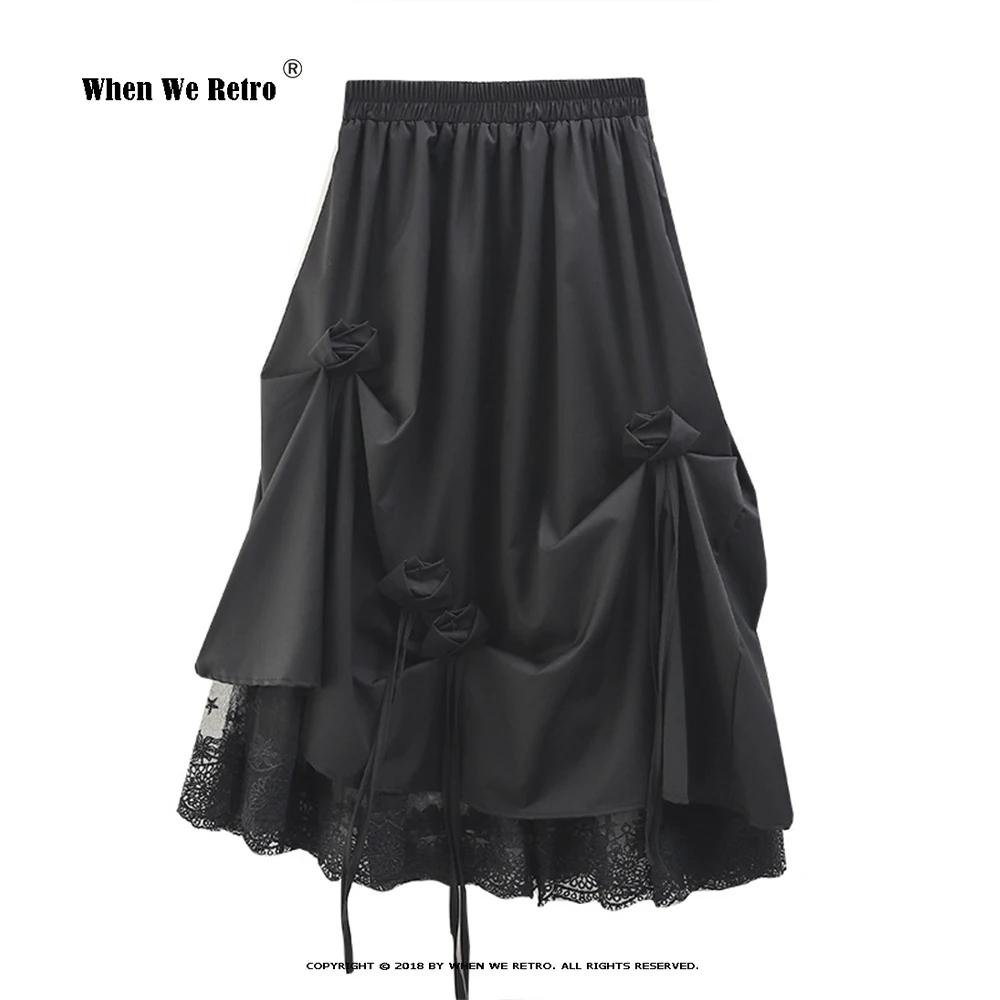 Женские белые черные юбки, Готическая уличная одежда, кружевная юбка миди с 3d цветами, Женская винтажная плиссированная юбка с оборками RS455