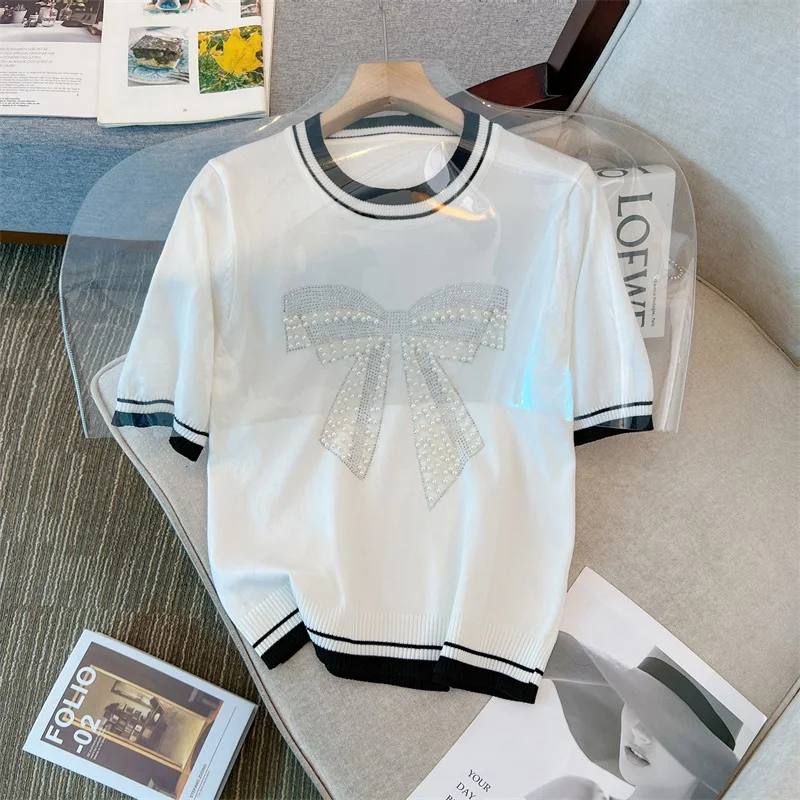 Женская футболка размера плюс 2024 летний универсальный топ из ледяного шелка с