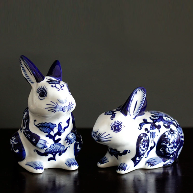 

Blue and White Porcelain Rabbit Crafts High-end Ceramic Simulation Animal Sculpture Living Room Wine Cabinet Rabbit Decoration
