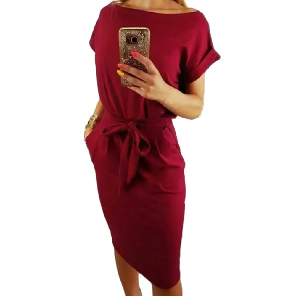 

Women dress Chic Sexy Short Sleeve Round Neck Slim Waistband Pocket Bodycon Midi Dress for new year 2022 vestidos de fiesta