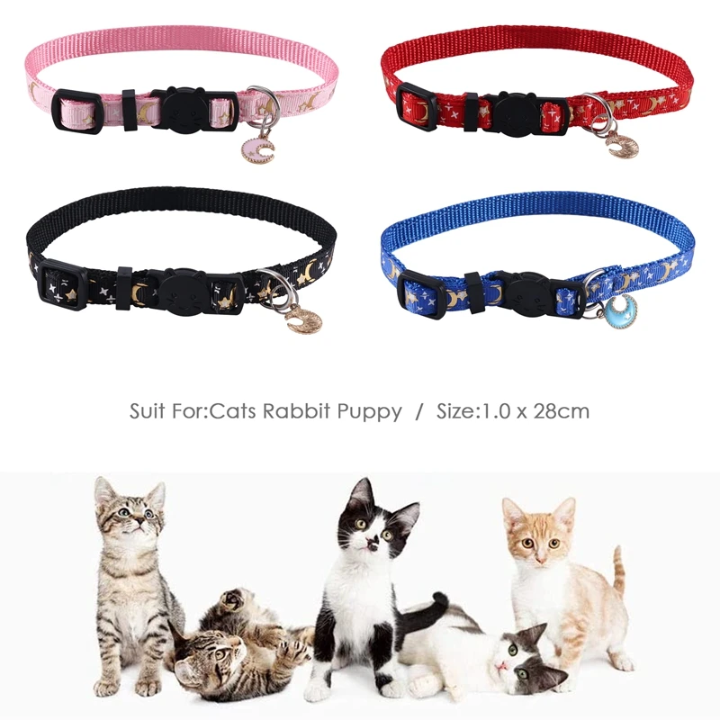4Pcs Cute Cat Collar With Moon And Stars Pendant Adjustable Puppy Kitten Necklace