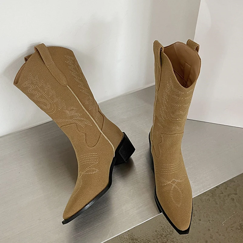 

Женские Короткие полусапожки Челси в западном стиле, туфли-лодочки, современные Прошитые женские ботинки, модная обувь с острым носком на к...