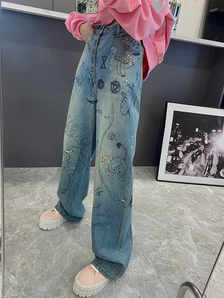 2022 Women's Jeans Trend Cotton Handmade Print Sequins Loose Women's Jeans y2k Dress New High Quality Trousers bra traf XL