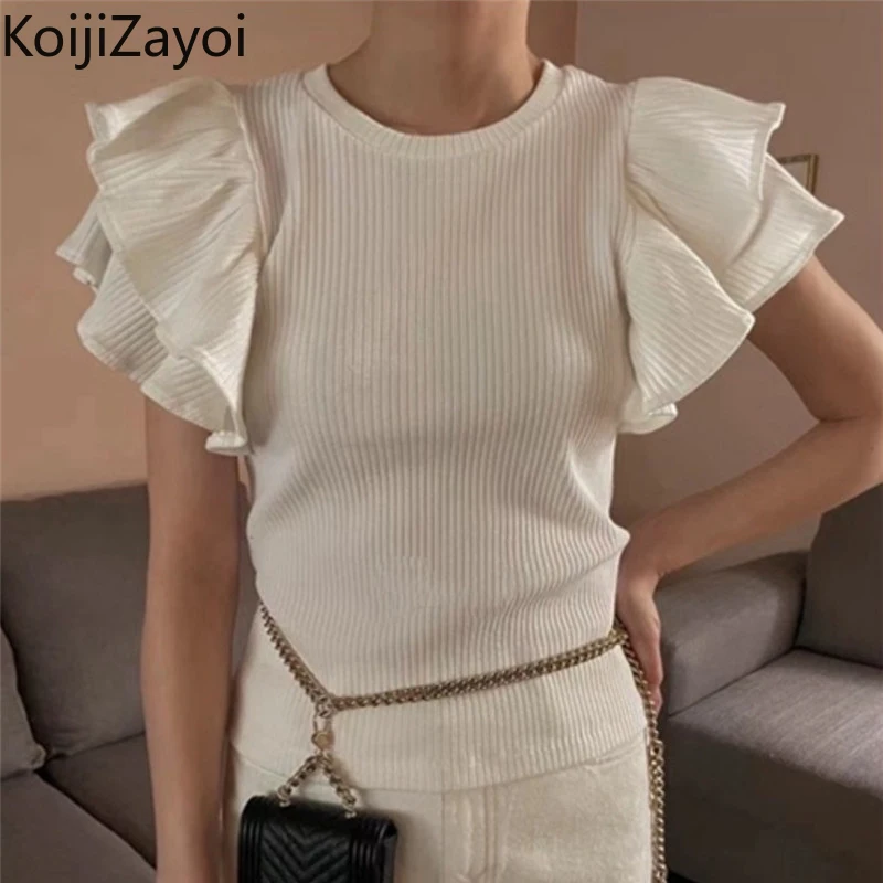 

Koijizayoi Knitted Women Ruffles Tees Short Sleeves O Neck Lady Chic Summer T-shirt Slim Fashion Lady Solid T-shirts Chic Korean