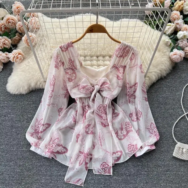 

Autumn Blouse for Women Bow Square Collar Draped High Waist Long Sleeve Female Tops Elegant Chiffon Printed Lace Up Blusas New
