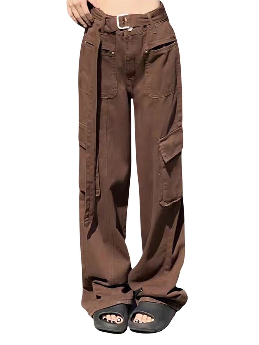

Women\u2019s Belted Cargo Pants High Waist Solid Color Baggy Work Pants with Pockets