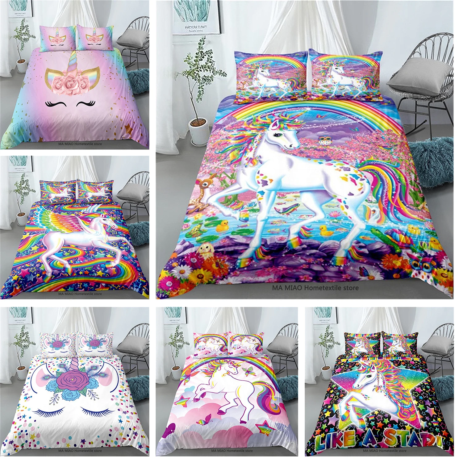 

3D Cute Unicorn Cartoon Bedding Set Twin Single Sizes 2/3 Pcs Children Bed Linen with Pillowcase Home Duvet Cover Bedclothes