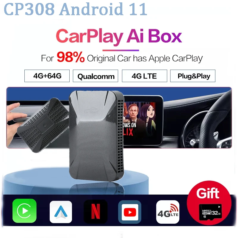 

New Wireless CarPlay Ai Box Android 11 Applepie 4+64G Android Auto Car Multimedia Plug Play Youtube Netfix For Benz Audi Nissan