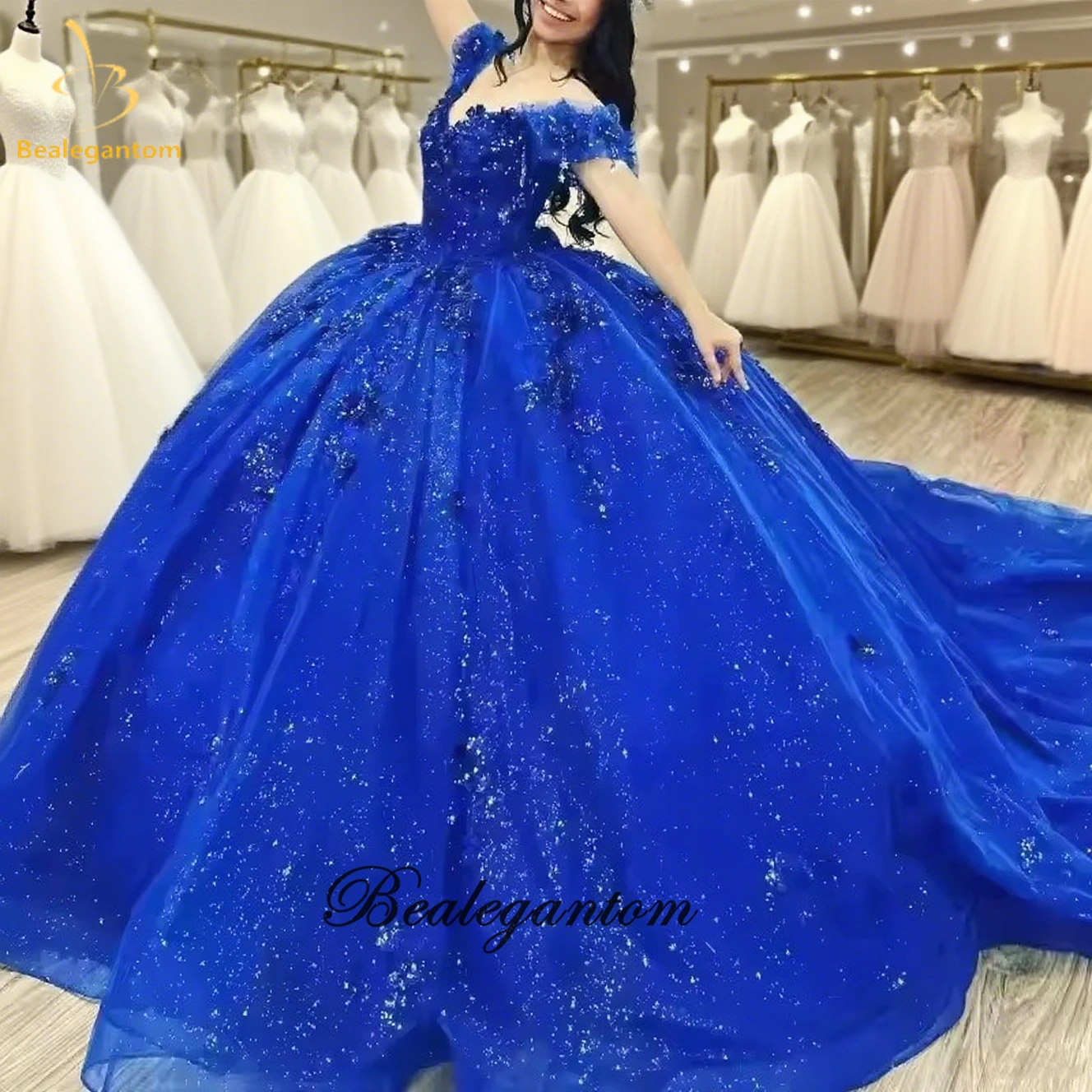Фото Bealegantom Блестящие королевские синие платья Quinceanera с открытыми плечами и бисером, с кристаллами для дня рождения, Sweet 16, Vestidos De 15 Anos BQ1 №1