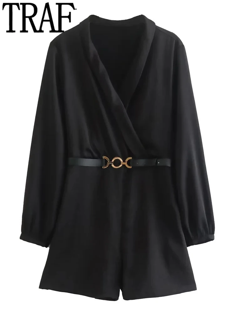 

Комбинезон TRAF женский короткий с поясом, элегантный черный офисный ромпер с длинным рукавом, уличная одежда на осень, 2022