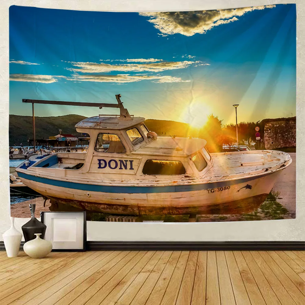 

Sea Sailing Sailboat Scenery Pattern Wall Hanging Tapestry Art Decor Blanket Curtain Bedroom Living Room Home Decoration