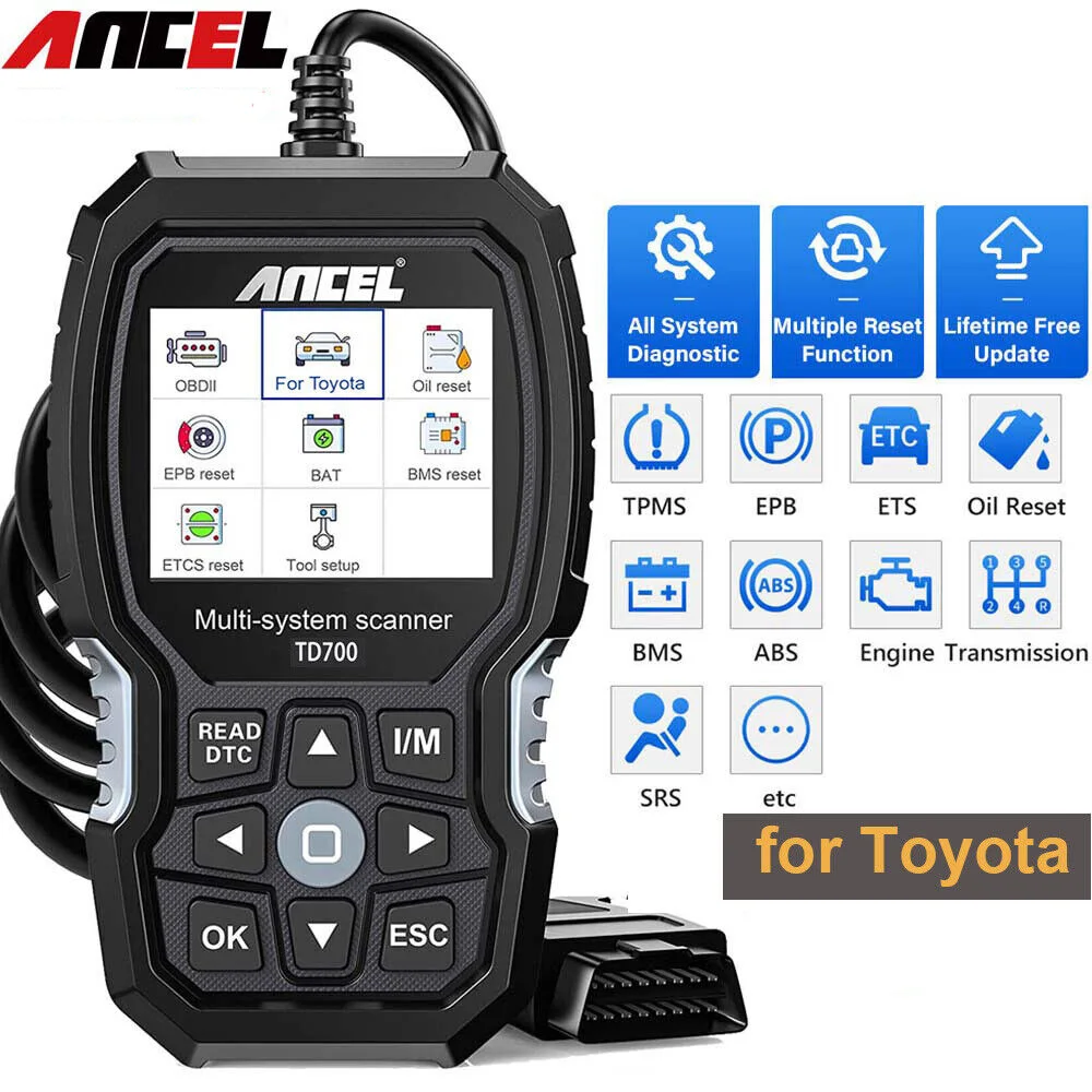 

Сканер Ancel TD700 OBD2 для Toyota/Lexus/Scion, коробки передач для всех систем, TPMS, восстанавливает кожу ABS