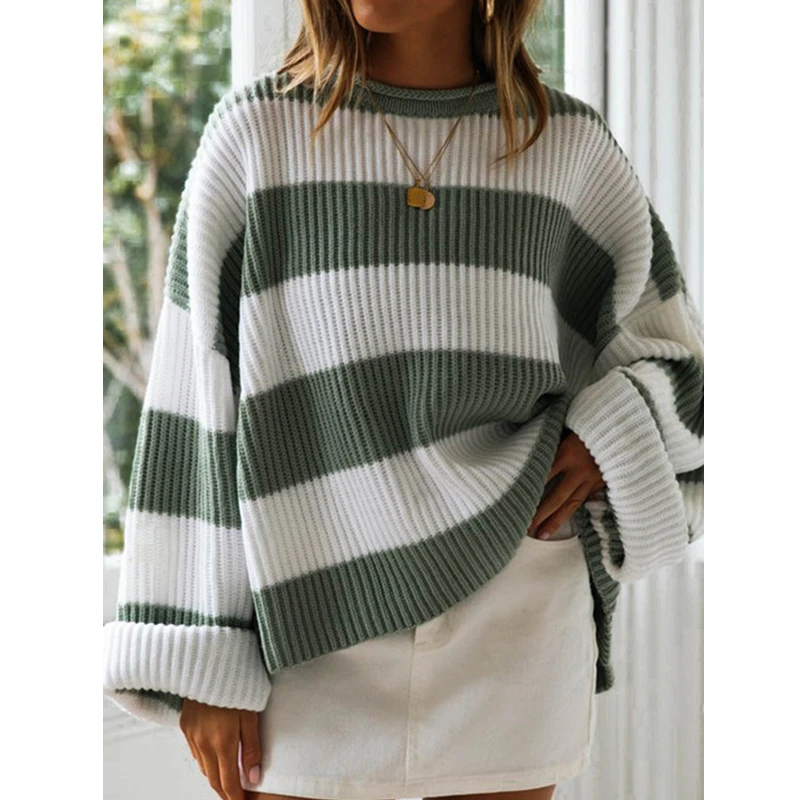 

Female Autumn Winter Knitted Pullovers Striped Pattern Long Sleeve Round Neck Women Striped Sweater Casual Loose Knitwear Tops