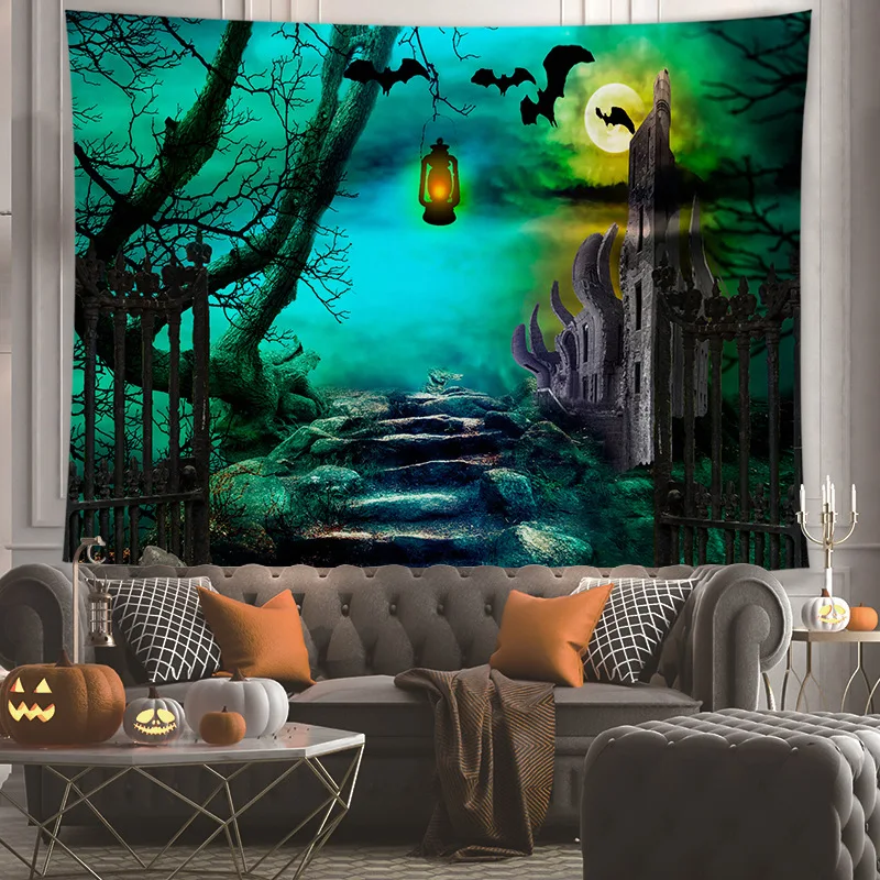 

Night Landscape Tapestry Halloween Pumpkin Pattern Trippy Room Decor Garden Poster for Outside Wall Hanging Background Tapiz
