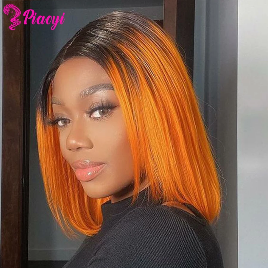 

Ombre Color Short Bob 1B/Orange Human Hair Lace Front Wig Straight Brazilian Remy Lace Wig For Women Glueless Lace Closure Wig