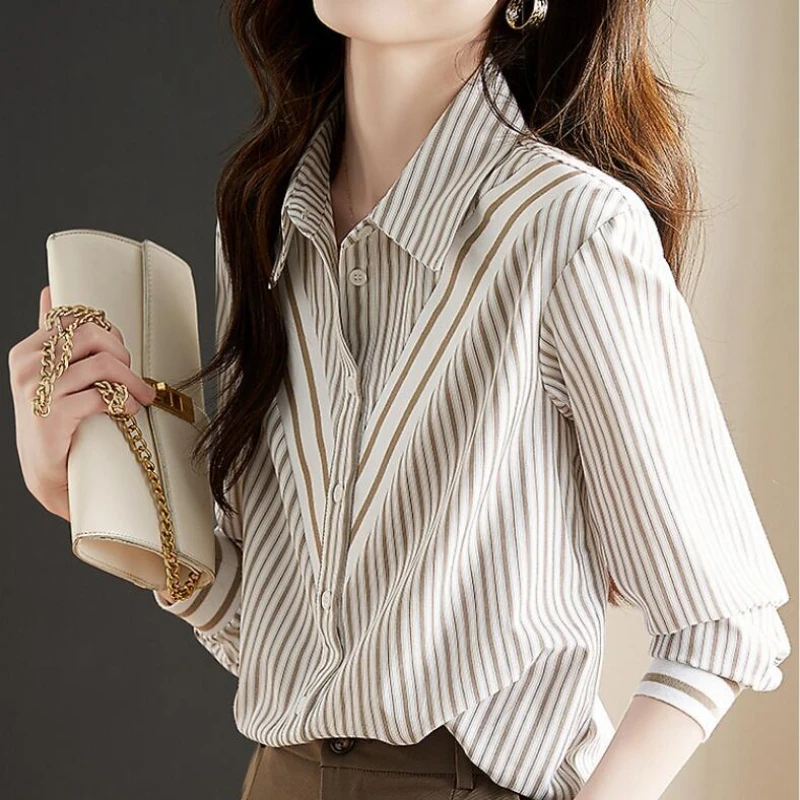 

Шифоновые полосатые женские блузки лето 2022 рубашки с длинным рукавом с принтом модный Свободный Топ с воротником-стойкой Новая повседневна...