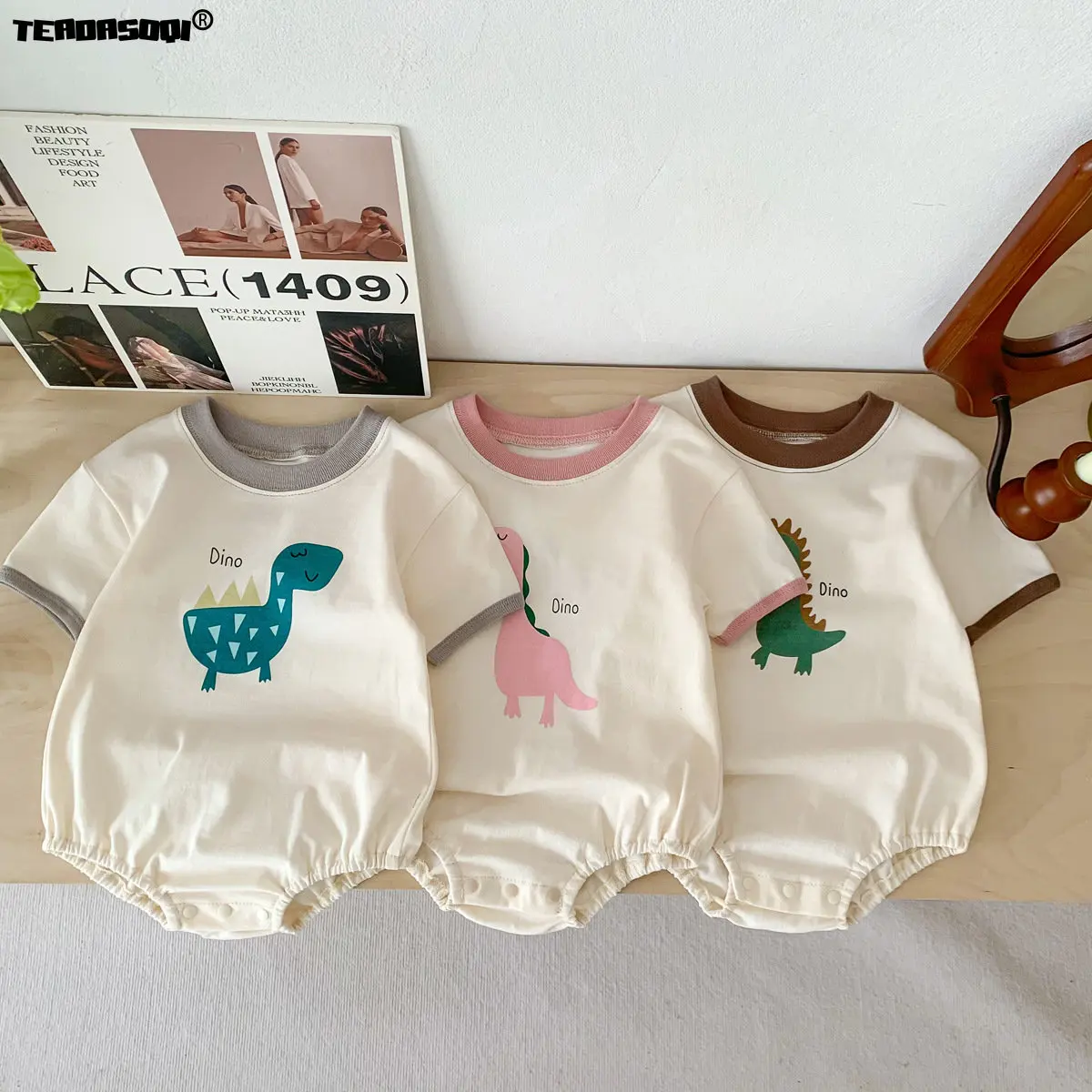 

Newborn Infant Boys Creeper 0-24M Korean Summer Kids Baby Short Sleeve Bodysuit Cartoon Dinosaur Print Wrap Hip Romper
