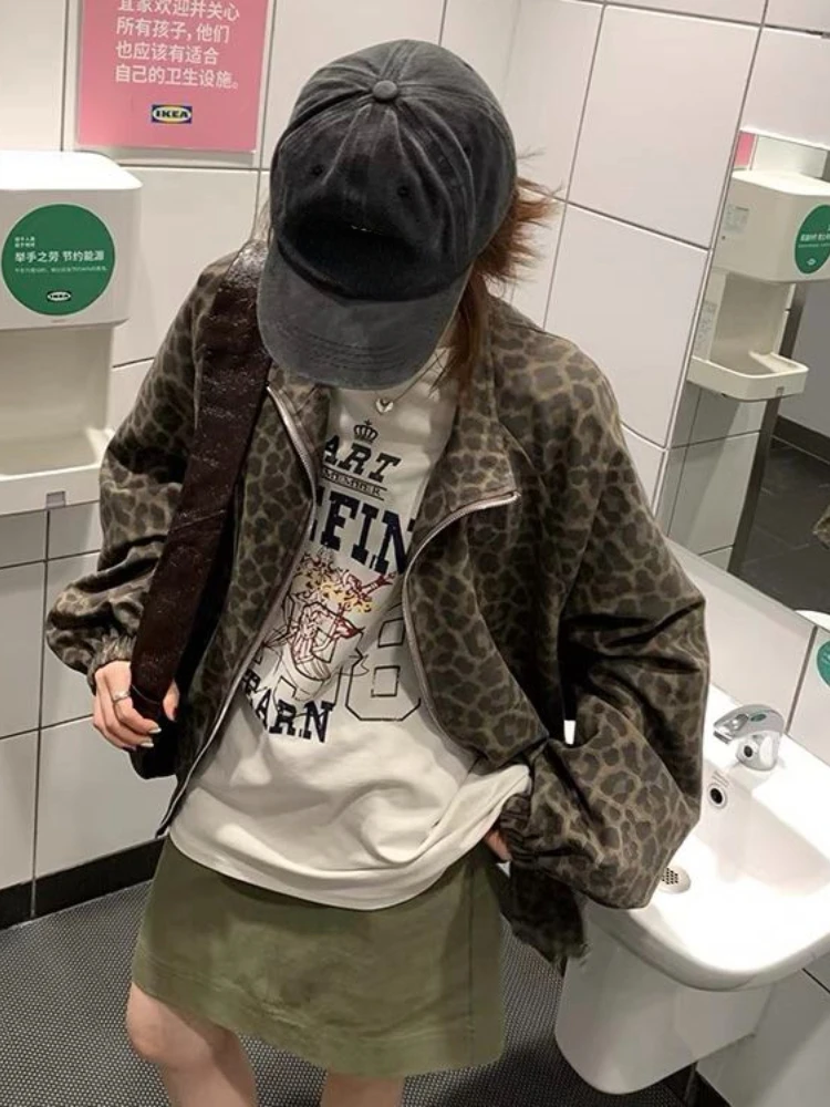 Женская леопардовая куртка на молнии Повседневная Свободная винтажная в стиле