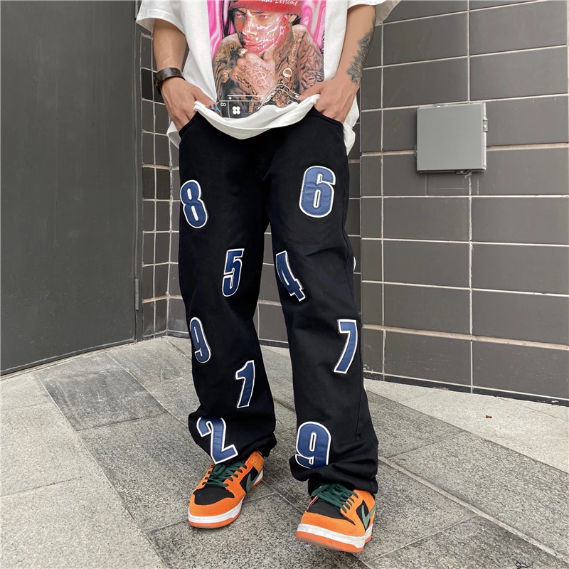 High Street Digital Embroidery Jeans for Men Retro Straight Loose Hip Hop Casual Denim Pants Harajuku Oversized Trousers