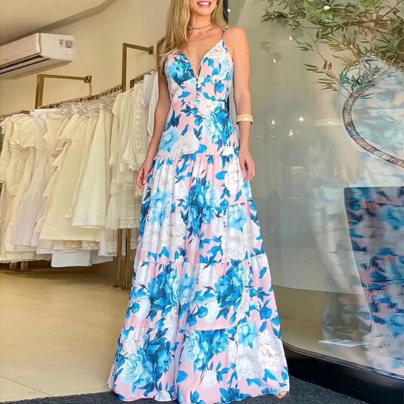 

Женское платье с завышенной талией, сине-розовое платье с принтом, а-силуэт, весна-лето 2022