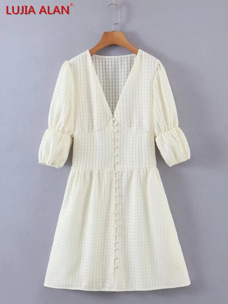 

Women V-Neck Single Breasted Plaid Jacquard Dress Summer Female Puff Sleeve Mini Vestidos LUJIA ALAN WD207