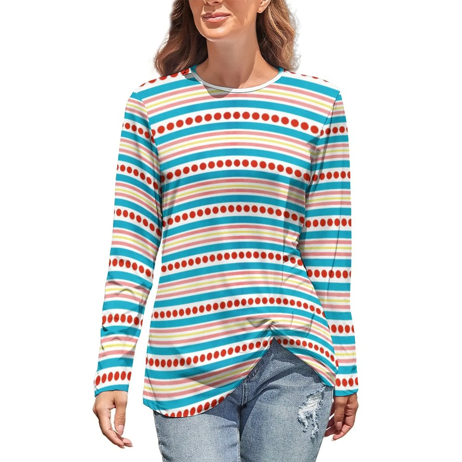 

Dots And Stripes Art T Shirt Retro Modern Print Retro Long Sleeve T-Shirts Streetwear Oversize Tee Shirt Women Top Birthday Gift