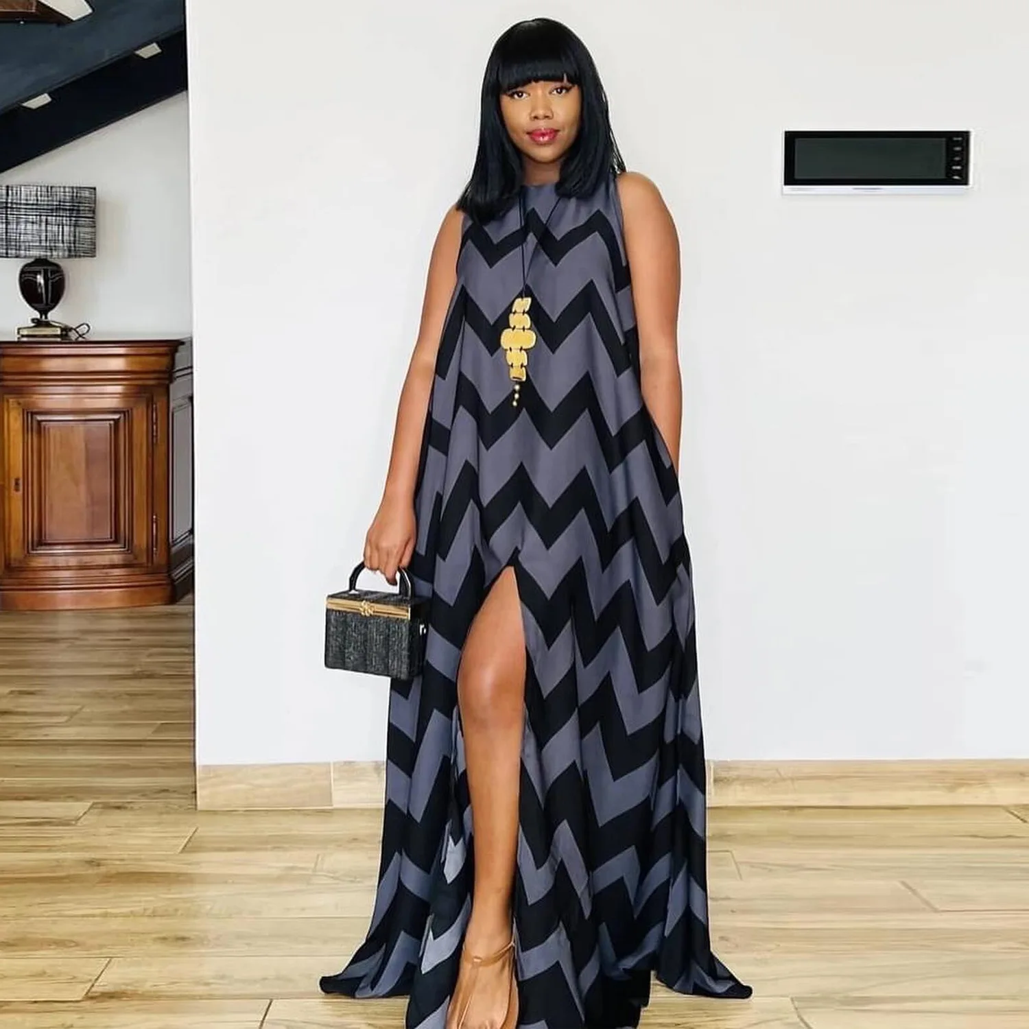 

Женский летний Винтажный Длинный свободный сарафан с разрезом и круглым вырезом