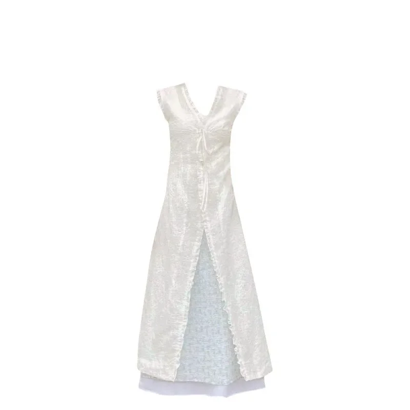 Летнее корейское нежное стильное платье-жилет с деревянным краем уха и бантом